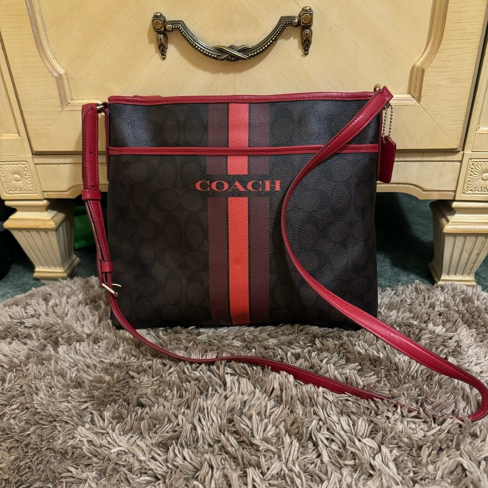 Coach red striped crossbody purse